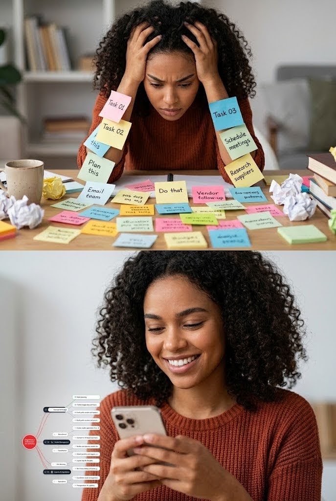 Before Zyntropio: overwhelmed by sticky notes. After: calm, checking the same plan as a tidy map on her phone.