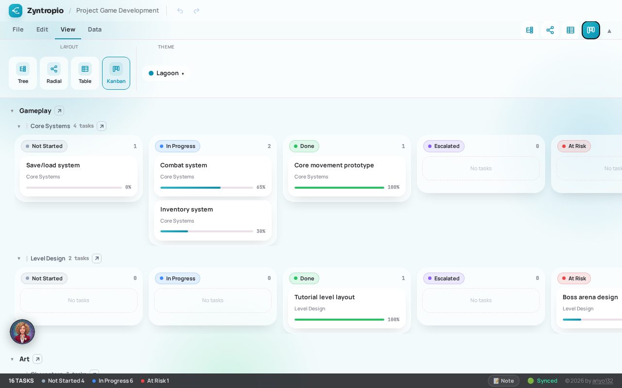 A game development project in Kanban view, cards for Gameplay and Art moving across Not Started, In Progress, and Done columns